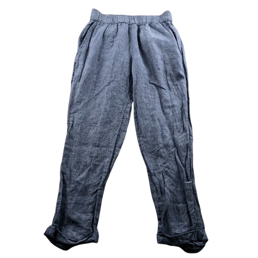 Rachel Roy Women Pants Size XS Straight Leg 100% Linen Blue Elastic Waist Casual